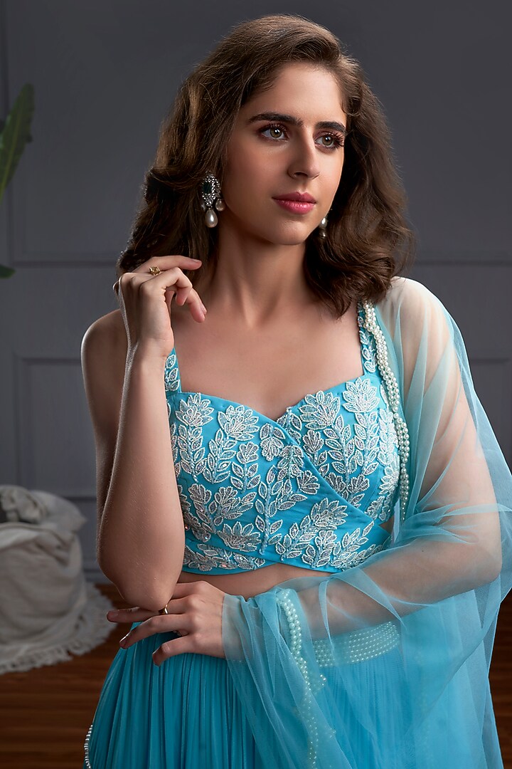 Marine Blue Georgette Layered Wedding Lehenga Set by CHRISTINA at Pernia's Pop Up Shop