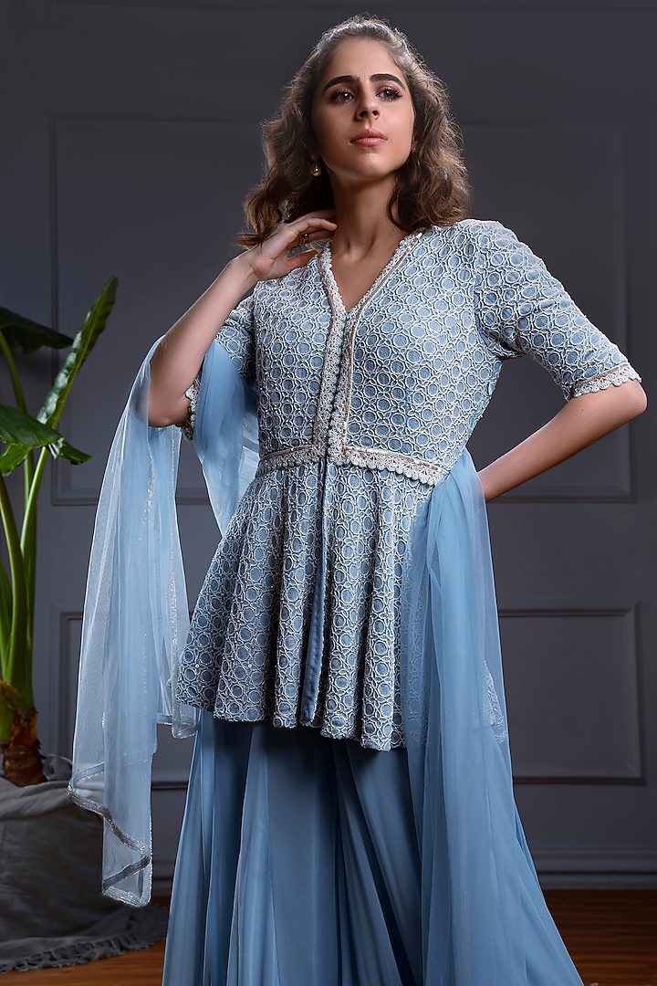 Powder Blue Georgette & Net Flared Wedding Sharara Set by CHRISTINA at Pernia's Pop Up Shop