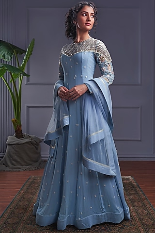 Powder Blue Georgette & Net Anarkali Set by CHRISTINA