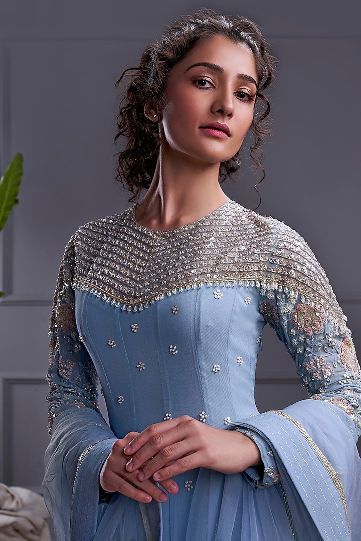 Powder Blue Georgette & Net Wedding Anarkali Set by CHRISTINA at Pernia's Pop Up Shop