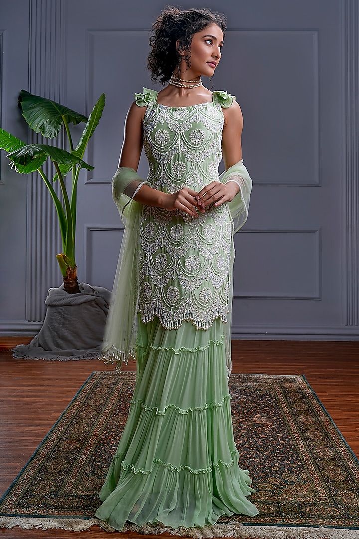 Green Georgette & Silk Layered Sharara Set by CHRISTINA