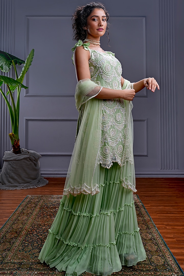Green Georgette & Silk Layered Wedding Sharara Set by CHRISTINA at Pernia's Pop Up Shop