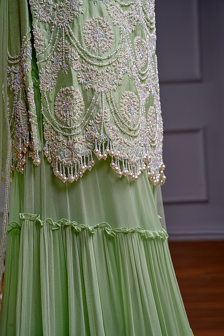 Green Georgette & Silk Layered Wedding Sharara Set by CHRISTINA at Pernia's Pop Up Shop
