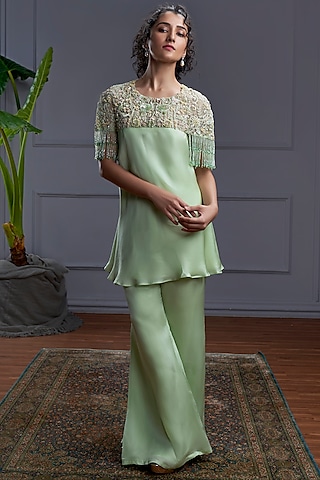 Green Satin Organza Pant Set by CHRISTINA