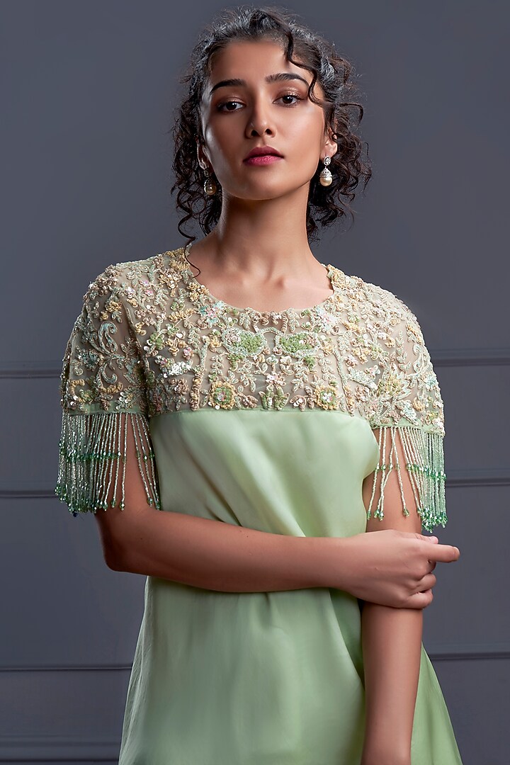 Green Satin Organza Pant Set by CHRISTINA at Pernia's Pop Up Shop