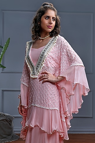 Pink Georgette Embroidered Kaftan Set by CHRISTINA