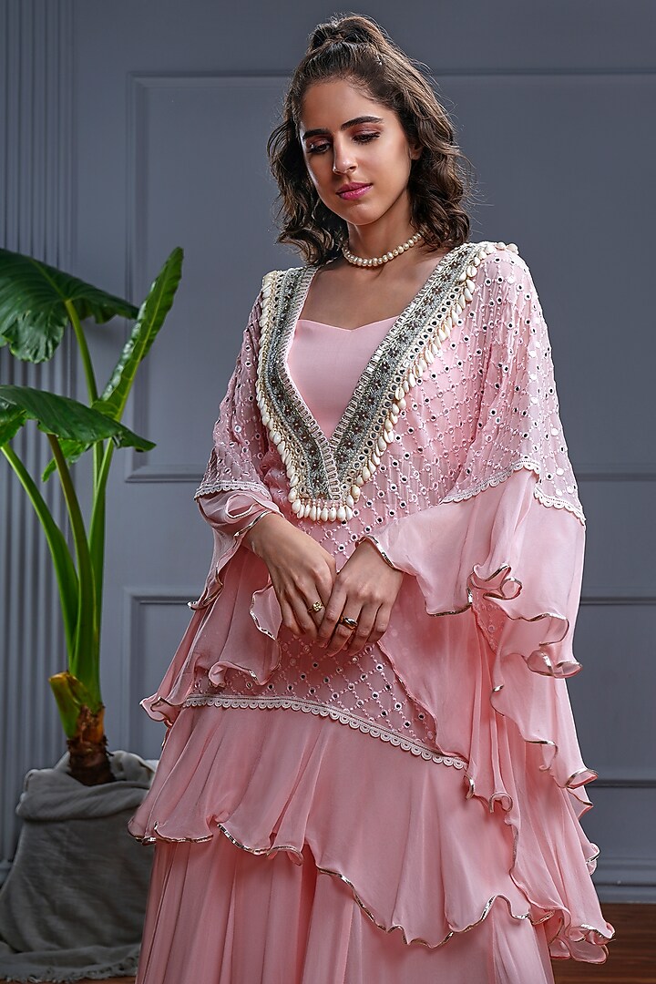 Pink Georgette Embroidered Kaftan Set by CHRISTINA at Pernia's Pop Up Shop