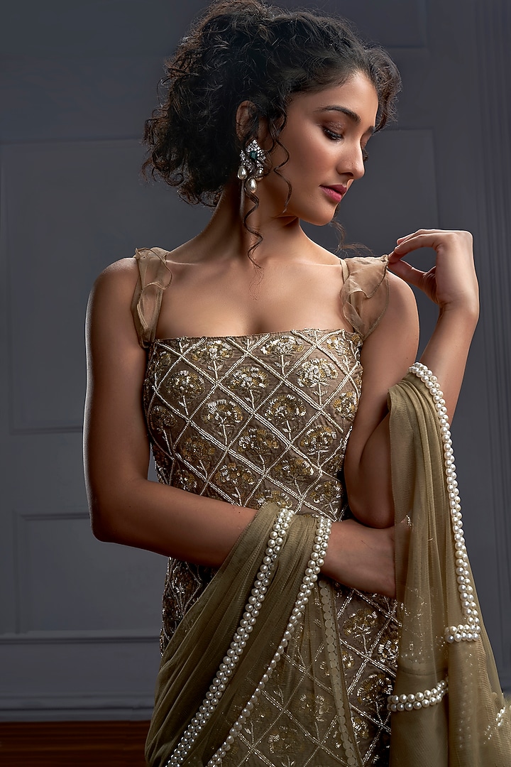 Beige Gold Organza & Net Layered Wedding Sharara Set by CHRISTINA at Pernia's Pop Up Shop