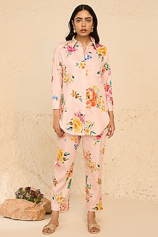 Pink Cotton Satin Floral Printed Co-Ord Set by Chrkha