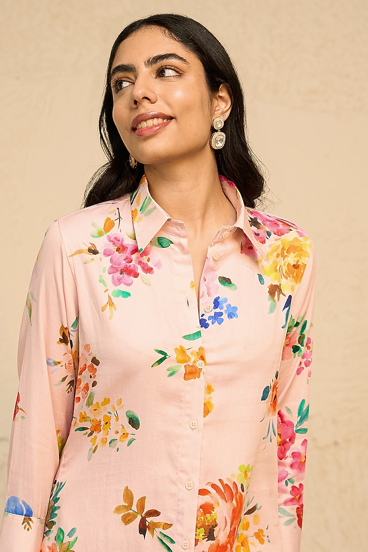 Pink Cotton Satin Floral Printed Co-Ord Set by Chrkha at Pernia's Pop Up Shop