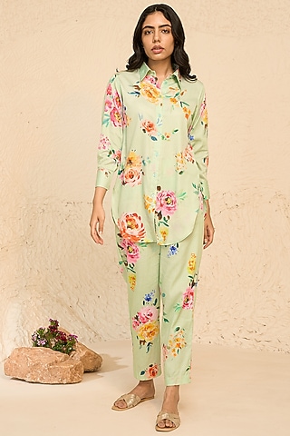 Mint Cotton Satin Floral Printed Co-Ord Set by Chrkha
