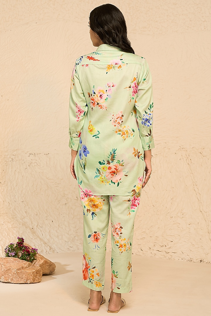 Mint Cotton Satin Floral Printed Co-Ord Set by Chrkha at Pernia's Pop Up Shop