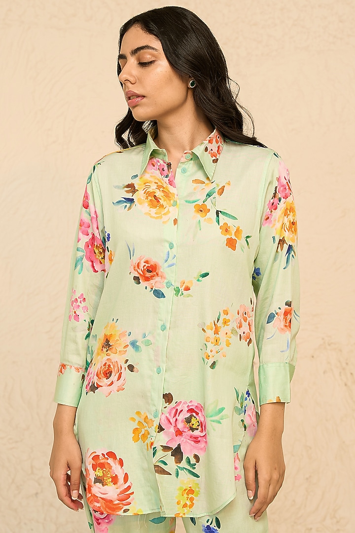 Mint Cotton Satin Floral Printed Co-Ord Set by Chrkha at Pernia's Pop Up Shop