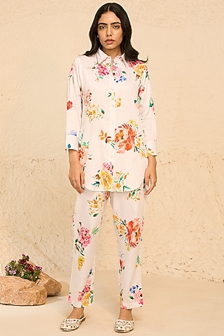 White Cotton Satin Floral Printed Co-Ord Set by Chrkha