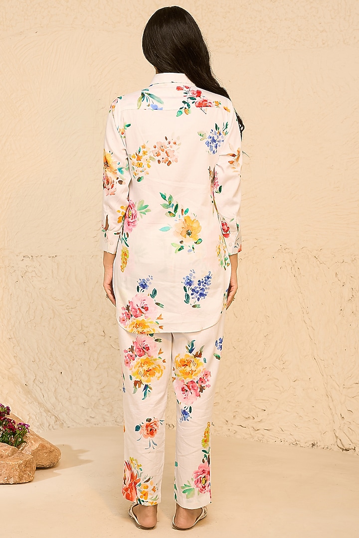 White Cotton Satin Floral Printed Co-Ord Set by Chrkha at Pernia's Pop Up Shop