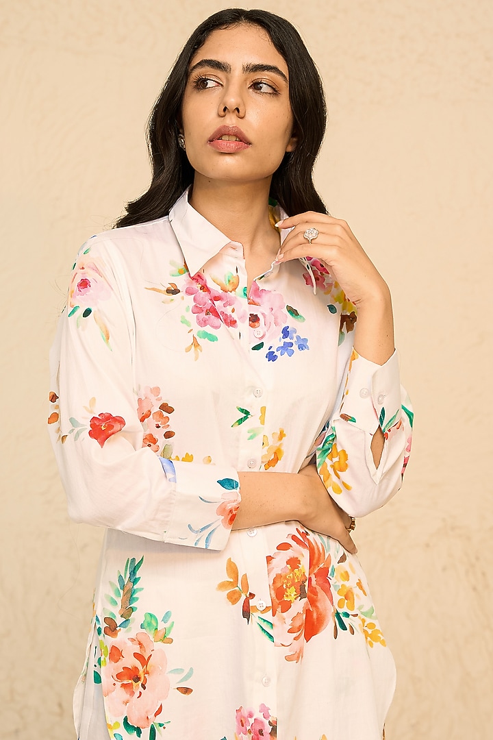 White Cotton Satin Floral Printed Co-Ord Set by Chrkha at Pernia's Pop Up Shop