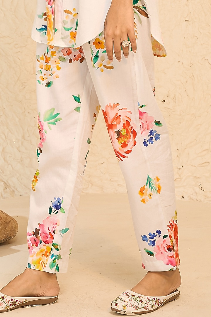 White Cotton Satin Floral Printed Co-Ord Set by Chrkha at Pernia's Pop Up Shop