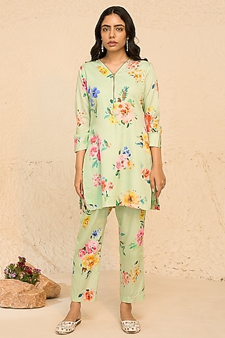 Mint Cotton Satin Floral Printed Kurta Set by Chrkha