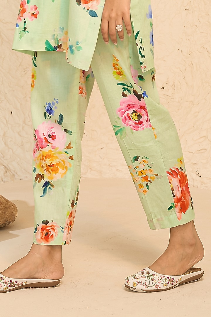 Mint Cotton Satin Floral Printed Kurta Set by Chrkha at Pernia's Pop Up Shop