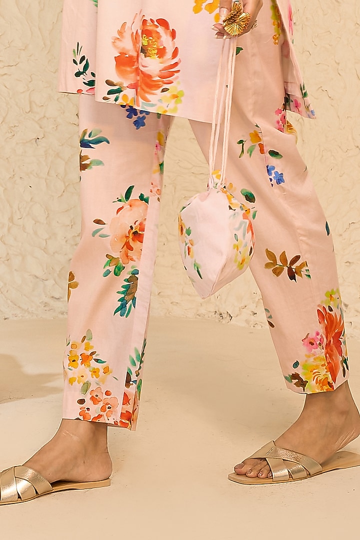 Pink Cotton Satin Floral Printed Kurta Set by Chrkha at Pernia's Pop Up Shop