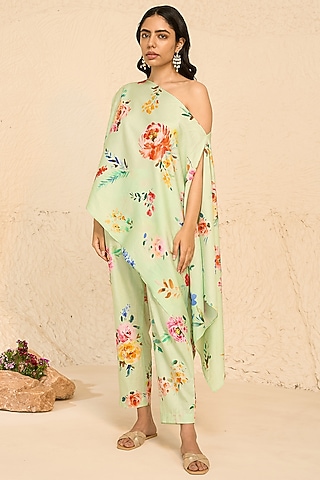 Mint Cotton Satin Floral Printed Off-Shoulder Kaftan Set by Chrkha