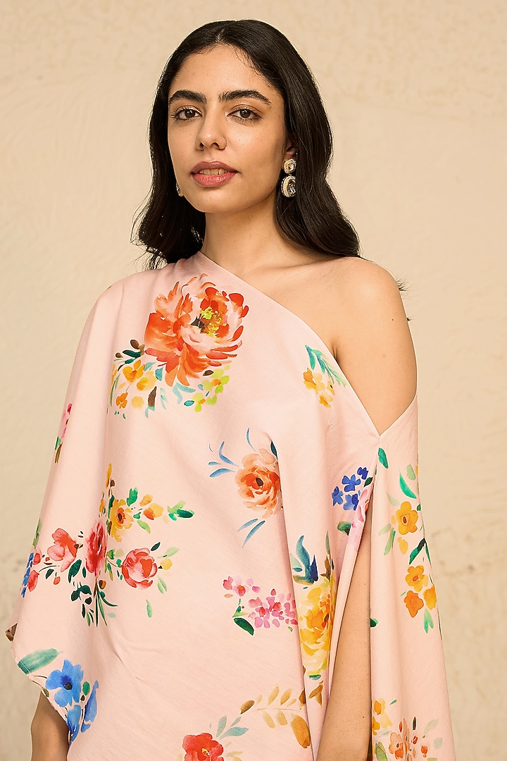 Pink Cotton Satin Floral Printed Off-Shoulder Kaftan Set by Chrkha at Pernia's Pop Up Shop