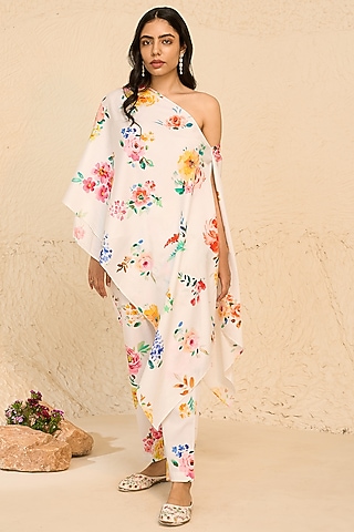 White Cotton Satin Floral Printed Off-Shoulder Kaftan Set by Chrkha