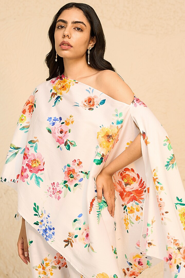 White Cotton Satin Floral Printed Off-Shoulder Kaftan Set by Chrkha at Pernia's Pop Up Shop