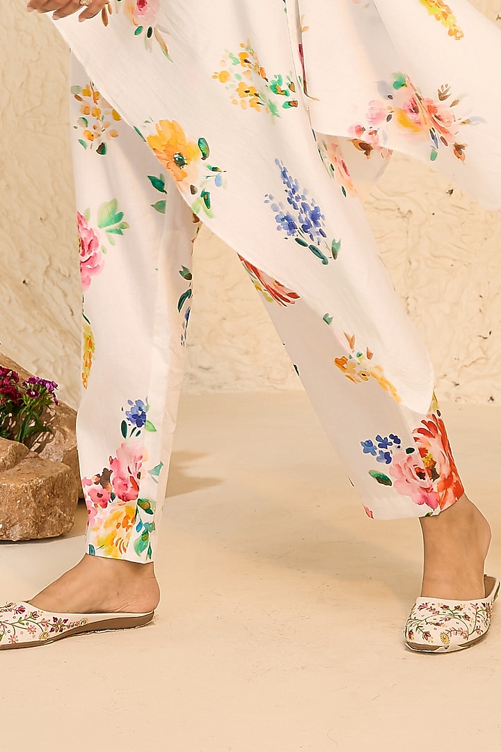 White Cotton Satin Floral Printed Off-Shoulder Kaftan Set by Chrkha at Pernia's Pop Up Shop