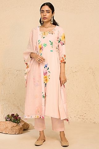 Pink Cotton Satin & Cotton Floral Printed Kurta Set by Chrkha