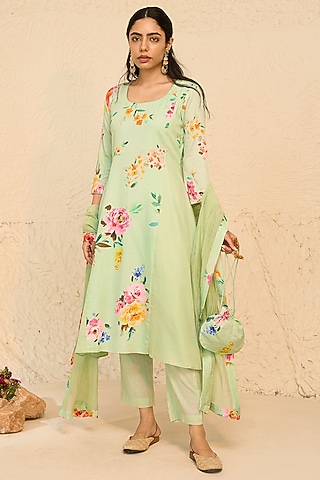 Mint Cotton Satin & Cotton Floral Printed Kurta Set by Chrkha