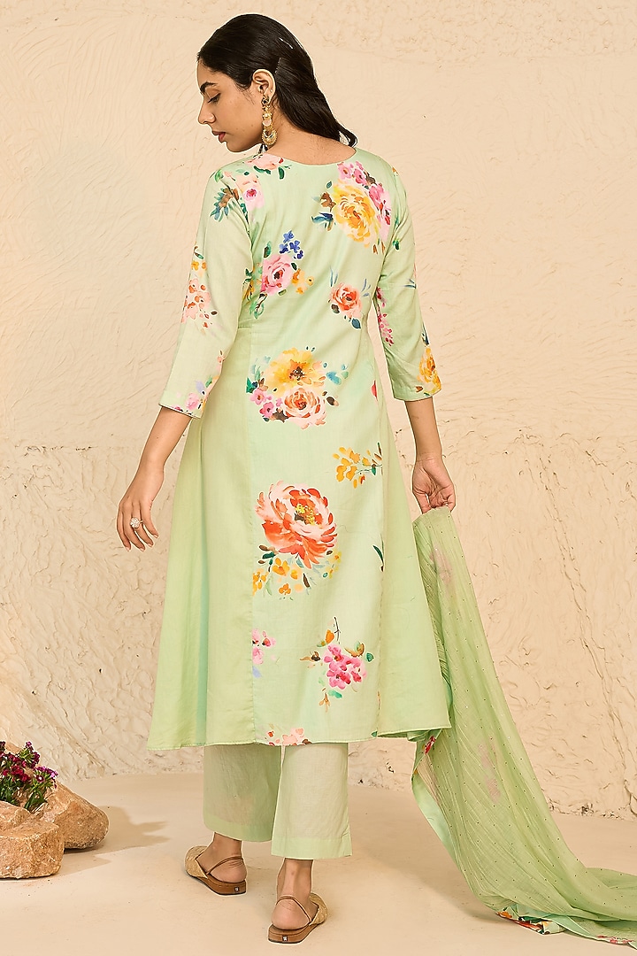 Mint Cotton Satin & Cotton Floral Printed Kurta Set by Chrkha at Pernia's Pop Up Shop