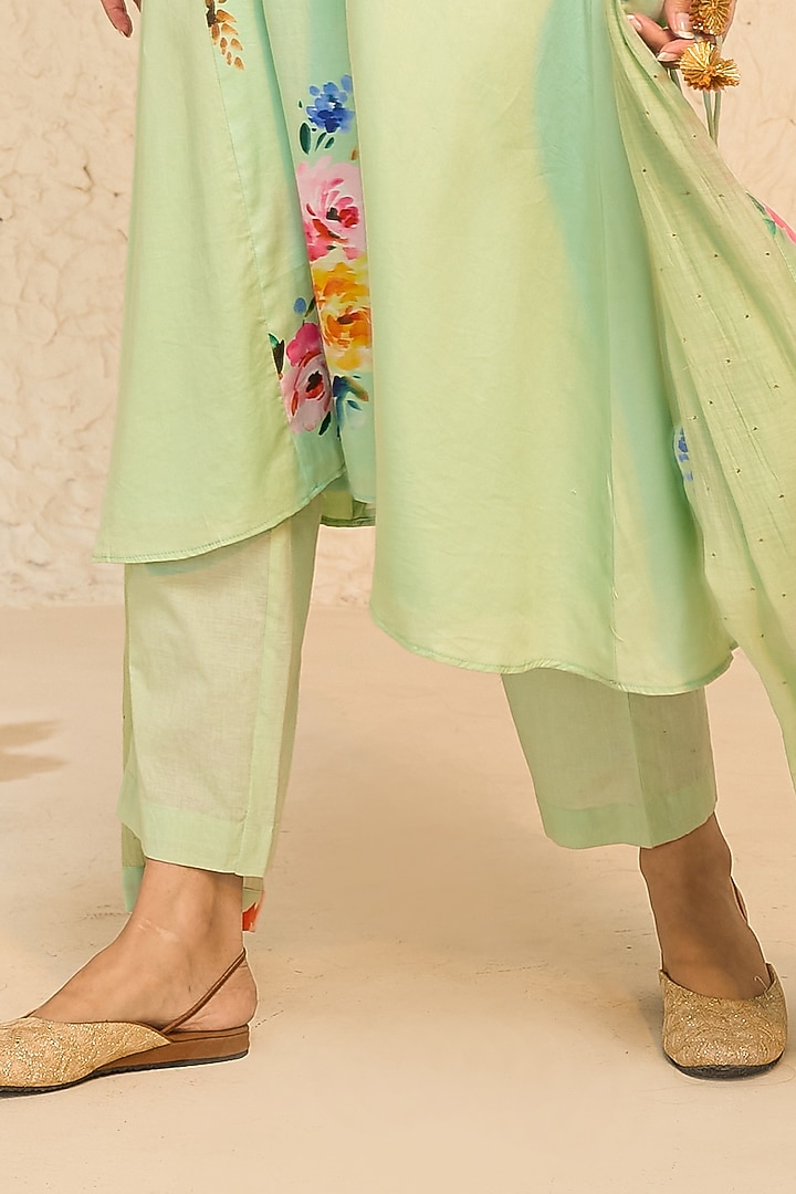 Mint Cotton Satin & Cotton Floral Printed Kurta Set by Chrkha at Pernia's Pop Up Shop