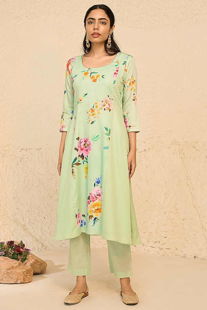 Mint Cotton Satin & Cotton Floral Printed Kurta Set by Chrkha at Pernia's Pop Up Shop