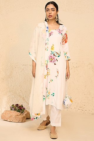 White Cotton Satin & Cotton Floral Printed Kurta Set by Chrkha