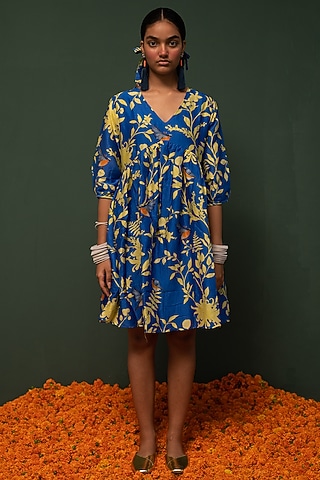Blue Floral Printed Dress by Chrkha