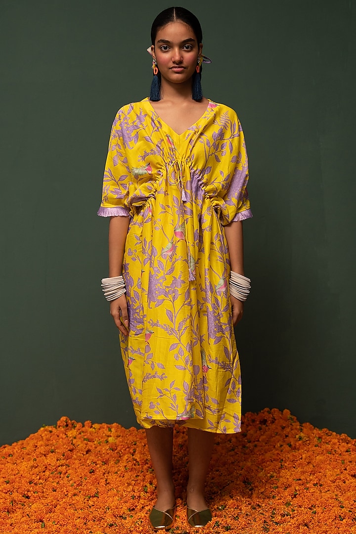 Yellow Floral Printed Midi Dress by Chrkha