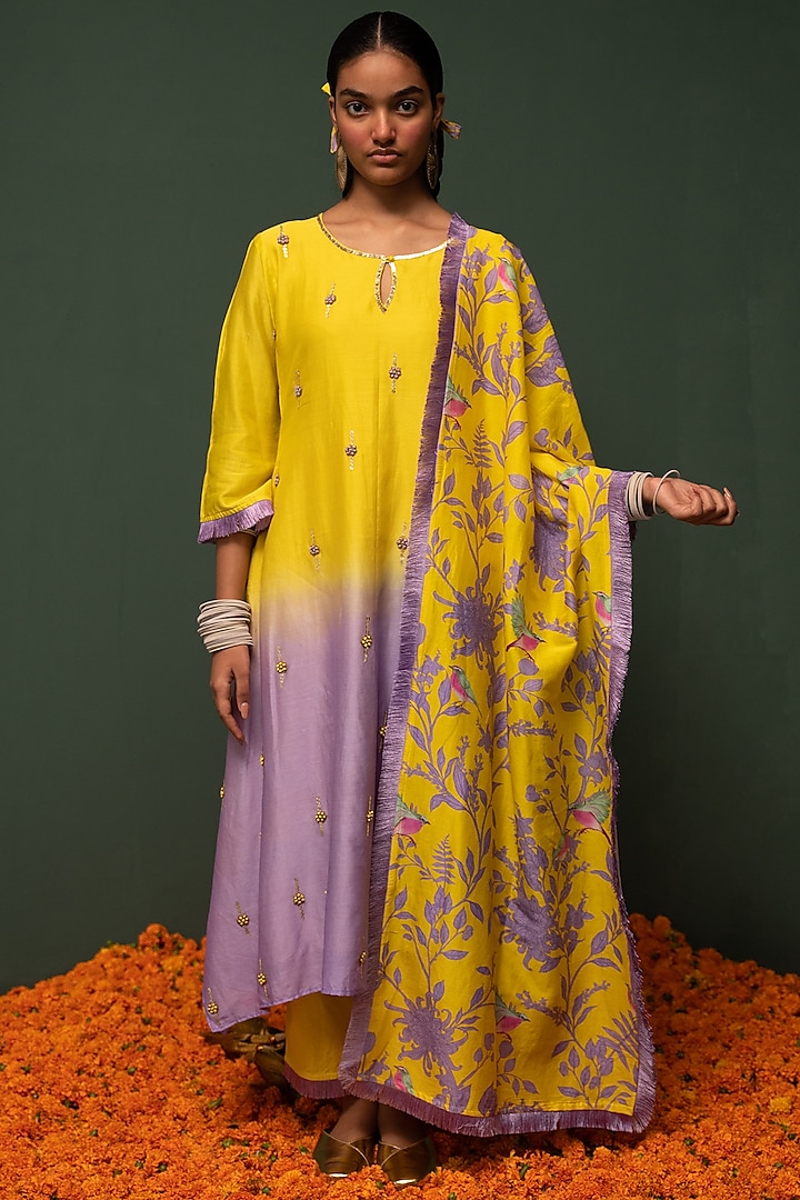 Yellow Ombre Embroidered Kurta Set by Chrkha