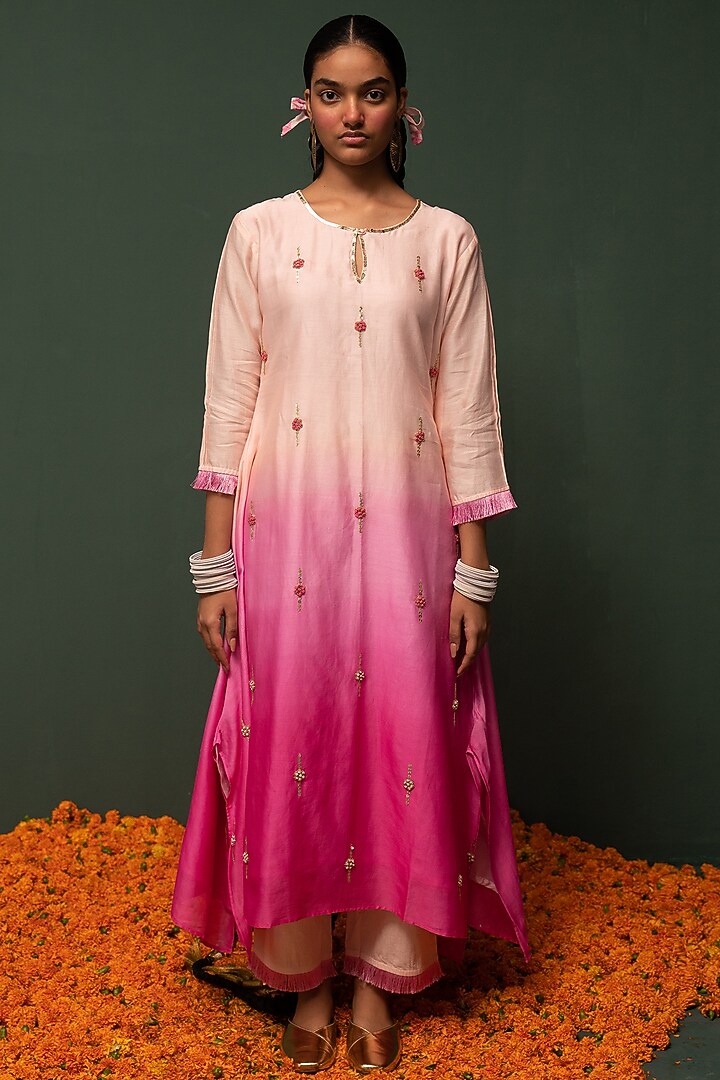 Pink Ombre Embroidered Kurta Set by Chrkha at Pernia's Pop Up Shop
