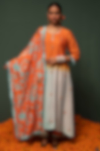 Orange Ombre Chanderi Silk Embroidered Kurta Set by Chrkha