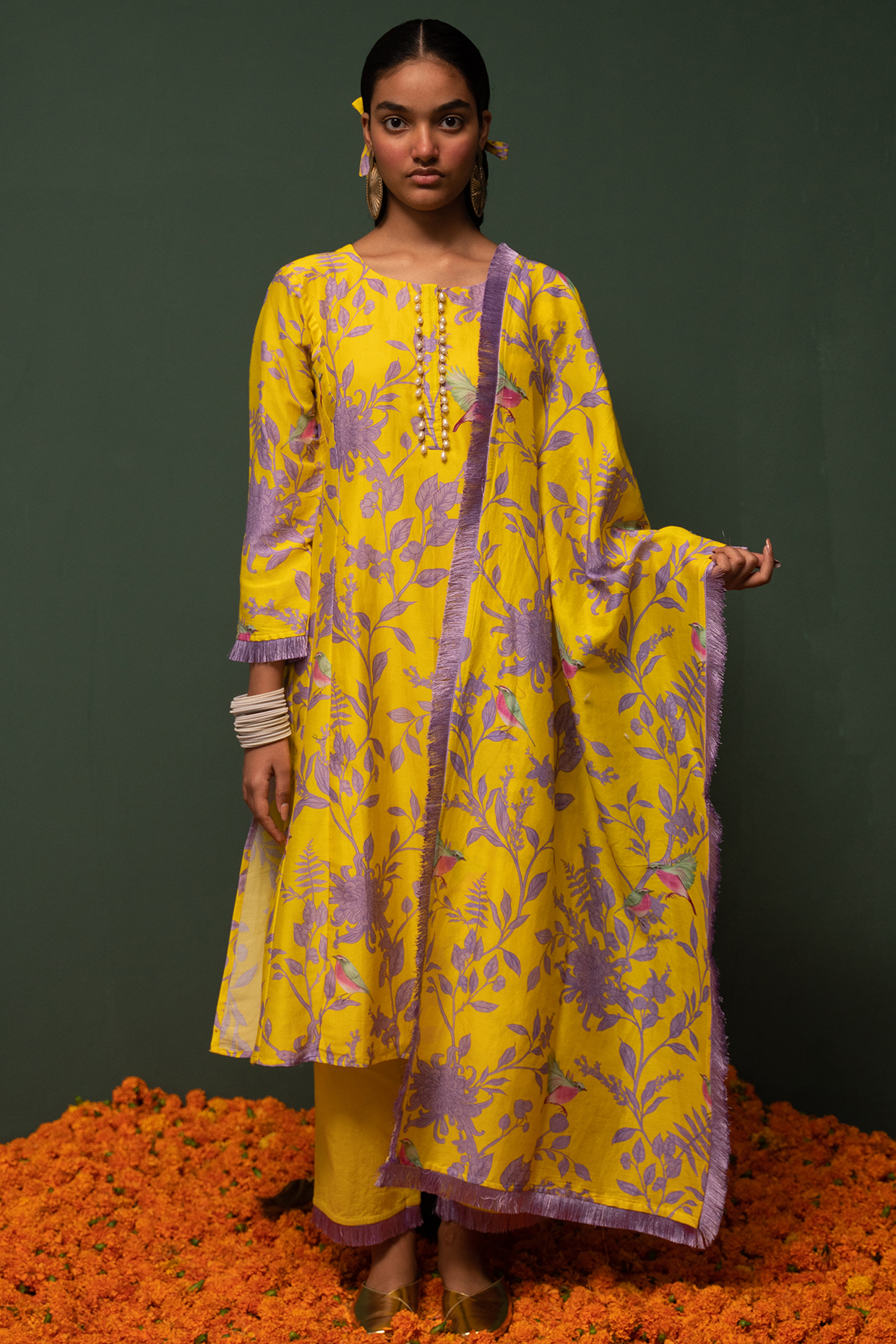 Yellow Floral Printed Kurta Set by Chrkha at Pernia's Pop Up Shop