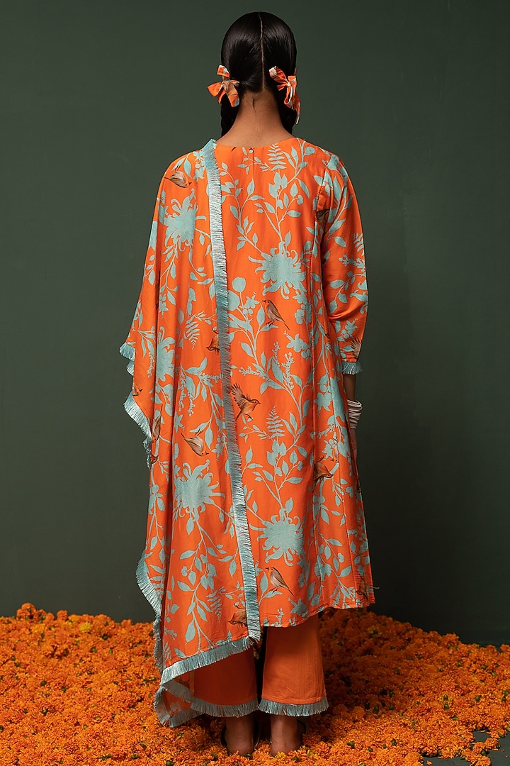 Orange Floral Printed Cotton Lurex Kurti