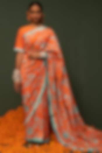 Orange Chanderi Silk Floral Printed Saree Set by Chrkha