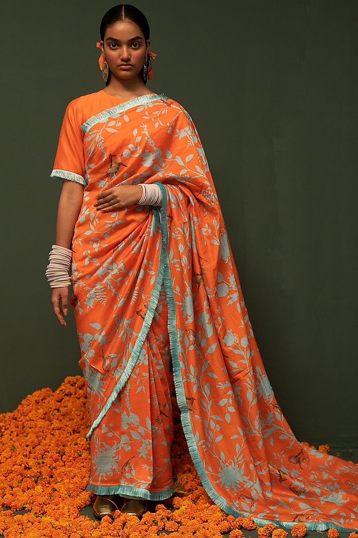 Orange Floral Printed Saree Set by Chrkha