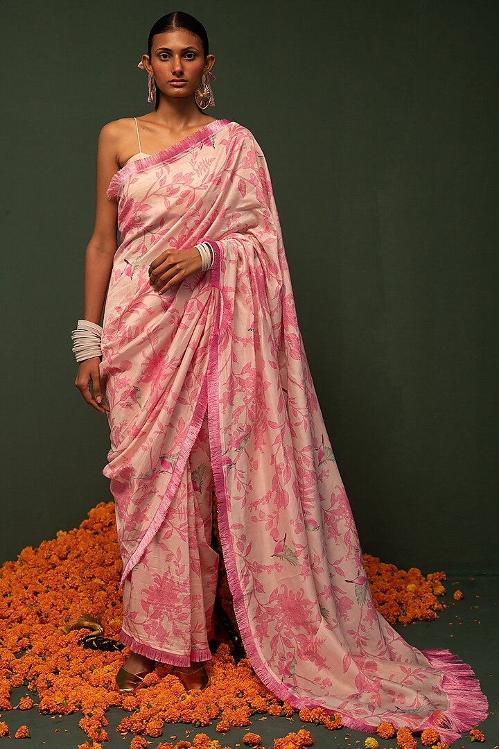 Pink Chanderi Silk Floral Printed Saree Set by Chrkha