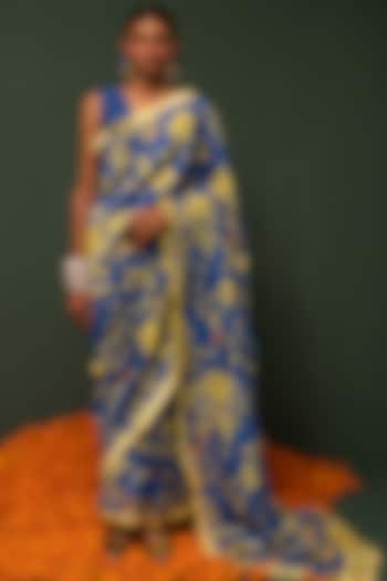 Blue Chanderi Silk Floral Printed Saree Set by Chrkha