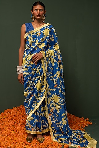 Blue Chanderi Silk Floral Printed Saree Set by Chrkha