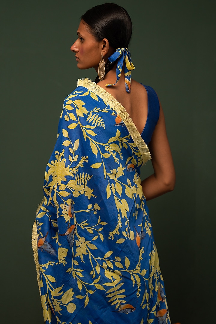 Blue Chanderi Silk Floral Printed Party Wear Saree Set by Chrkha at Pernia's Pop Up Shop