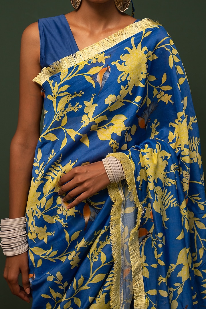 Blue Chanderi Silk Floral Printed Party Wear Saree Set by Chrkha at Pernia's Pop Up Shop