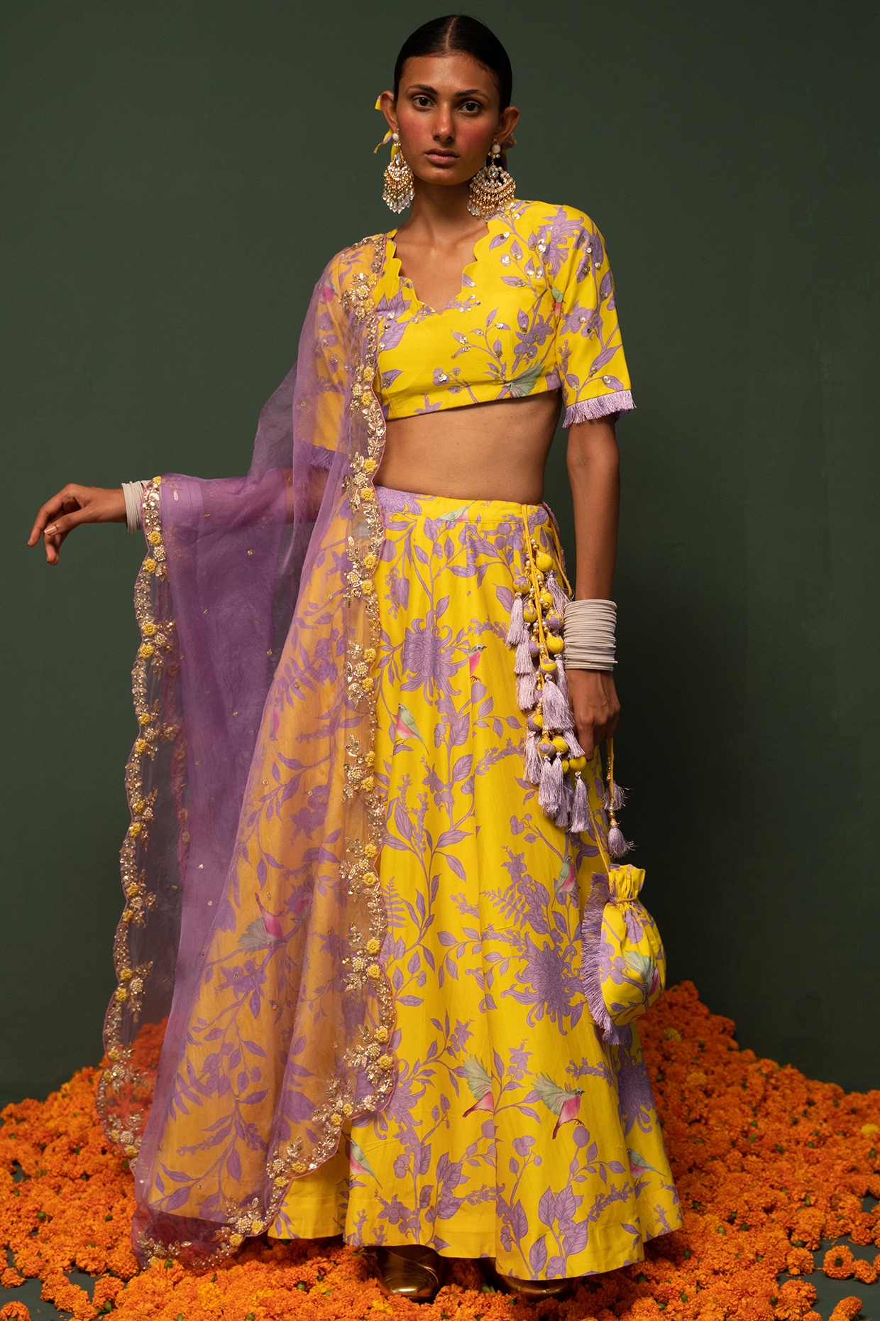 Yellow Chinon Crop Top and Skirt with Floral Print